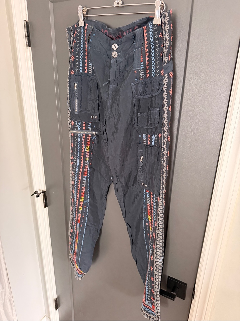 Johnny Was Black Cargo Pants with Multicolor Embroidered Stripes - Picture 9 of 10